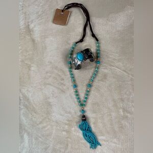 NWTTurquoise long length Beaded boho western Necklace Tassel and Silver Cuff Set